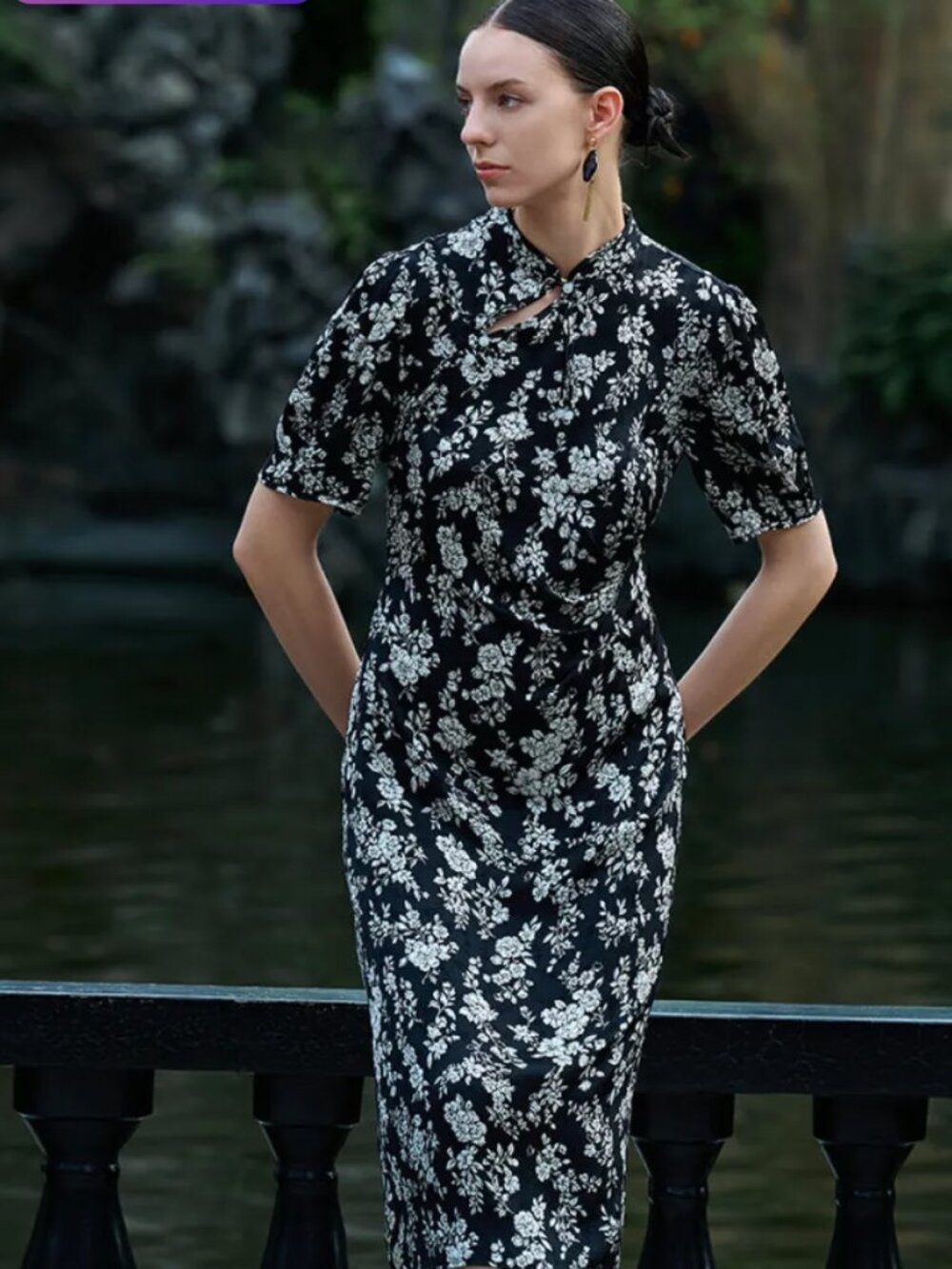 GeoliaCamellia Print Mandarin Collared Cheongsam Women Midi Qipao Dress xxs